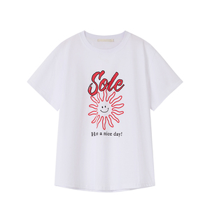 warm range 手绘太阳笑脸印花短袖夏季新品圆领字母百搭正肩T恤女