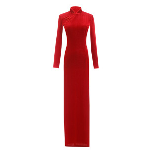 2023秋冬女新款丝绒旗袍高贵洋气妈妈礼服收腰显瘦表演走秀连衣裙