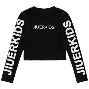 女童长袖t恤春秋高腰洋气小衫修身黑白色打底衫儿童露脐短款上衣