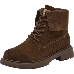 Bata英伦马丁靴女冬商场新款牛剖皮粗跟绒面加绒短靴AD742DD5