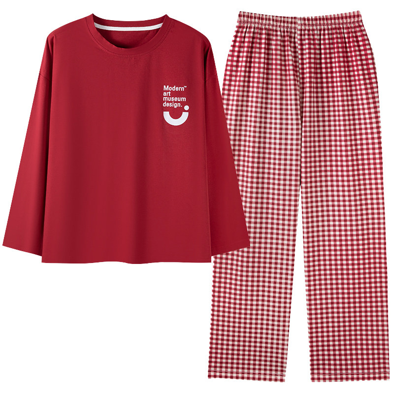 睡衣纯棉枣红色长袖家居服两件套