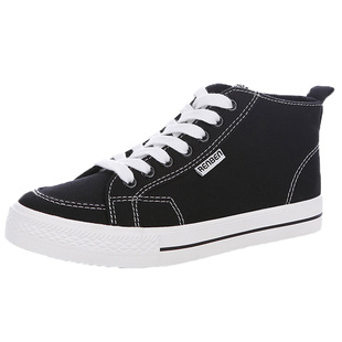 人本高帮帆布鞋女款2025秋季新款学生百搭黑色平底板鞋ins潮女鞋