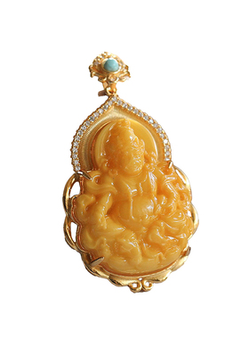 天然老蜜蜡黄财神S925镶嵌项链