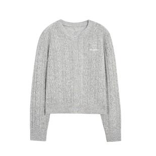 紫涵100%绵羊毛短款圆领针织开衫女2026春季新款麻花肌理毛衫外套