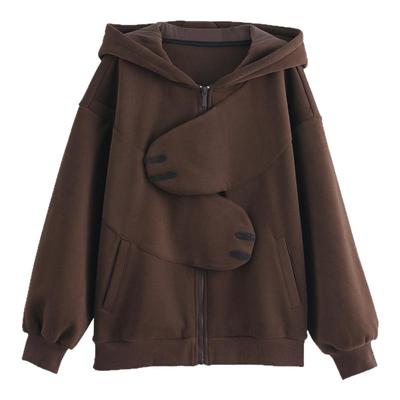 森女部落甜美可爱小熊设计感连帽卫衣女新款秋季百搭宽松加绒上衣