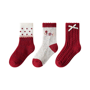 女童新年袜子秋冬季加厚羊毛袜儿童红色本命年冬天羊绒保暖中筒袜