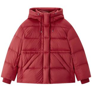 太平鸟2025年新款红色收腰短款连帽羽绒服款15D泡芙面包服外套