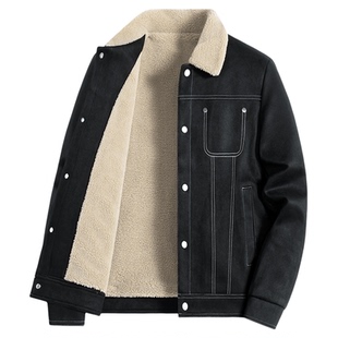 【加绒加厚】罗蒙夹克男士秋冬季休闲麂皮绒翻领羊羔绒保暖外套男