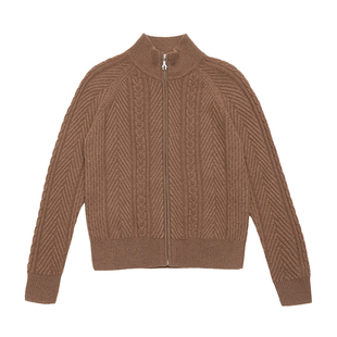 鹿王100%山羊绒衫女拉链开衫老钱风麻花纹针织外套时尚25年秋冬新