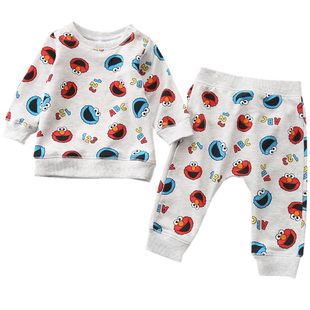 60-80秋冬宝宝芝麻街加绒甜饼怪艾摩上衣pp裤婴儿加厚卫衣+裤子