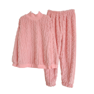 珊瑚绒圆领套头睡衣半高领女加绒加厚秋冬毛绒绒可外穿家居服套装