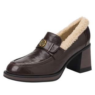 达芙妮加绒乐福鞋女2025新款冬季厚底棕色皮鞋复古高跟单鞋子通勤