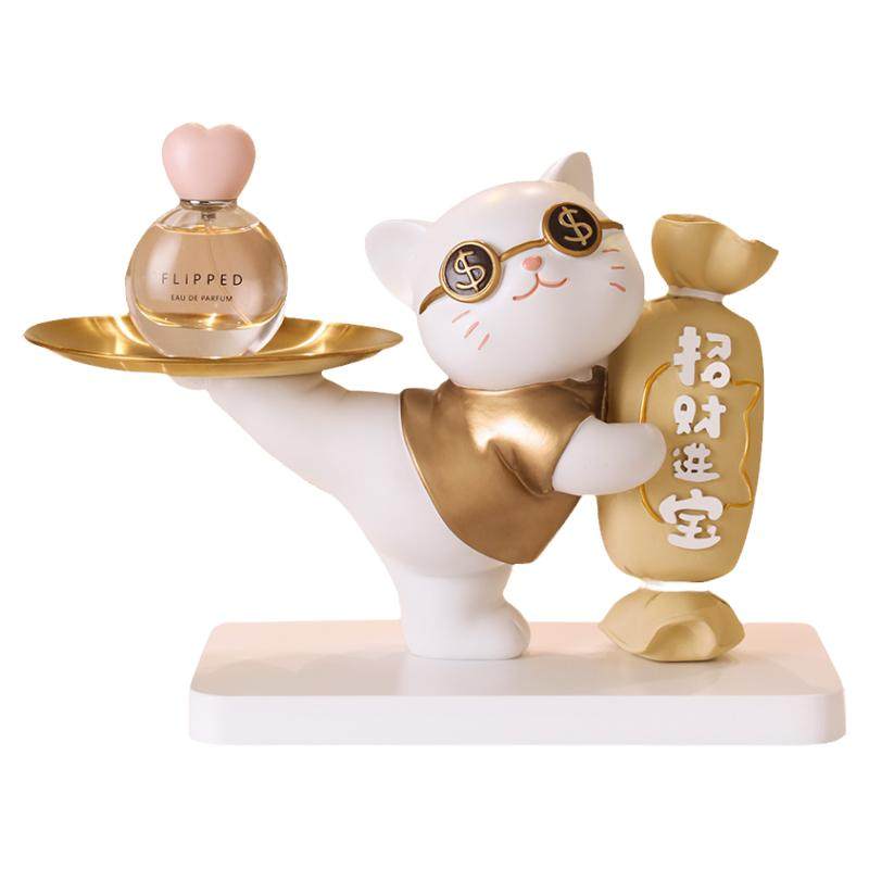 创意招财猫入户玄关钥匙收纳摆件客厅开业托盘装饰品乔迁新居礼品