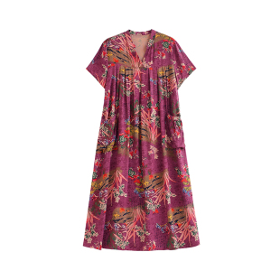 妈妈棉绸连衣裙V领中年三亚旅游度假海边碎花遮肚宽松大码沙滩裙