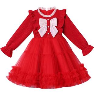 女童连衣裙冬季2026新款秋冬裙子红色女孩洋气儿童冬装蓬蓬公主裙
