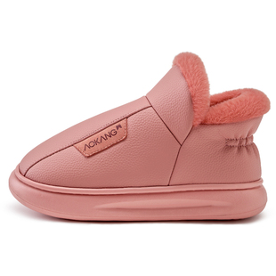 奥康高包跟棉拖鞋女士冬季2025新款加绒保暖防水皮面防滑家用棉鞋