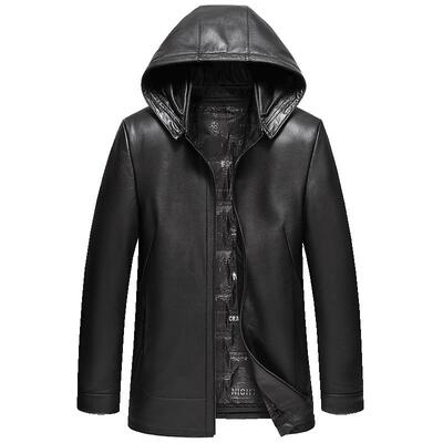 可脱卸帽海宁连帽真皮皮衣