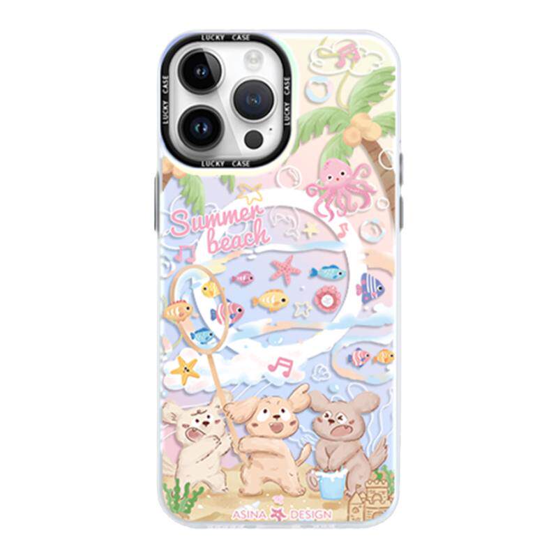 夏日小狗海滩适用iPhone17Promax手机壳磁吸支架苹果16保护套网红超薄ins风15plus全包14防摔ip13Pro新款可爱