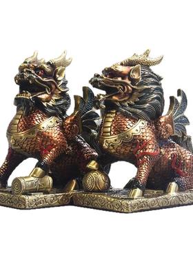 威弗列德全铜麒麟摆件公母一对麒麟踩八卦客厅入户玄关办公工艺品