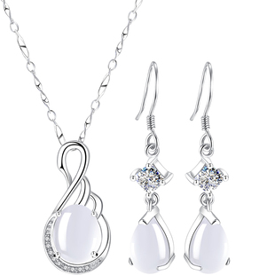 和田玉纯银项链耳环套装女款女士女白玉吊坠银镶玉送妈妈生日礼物