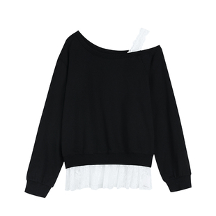 pusumede【现货6.5折】层次叠穿 蕾丝拼接斜肩卫衣女别致露肩上衣