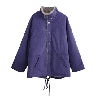 花吉C106蓝紫色毛毛撞色复古森系灯芯绒棉服女2025新款秋冬棉衣