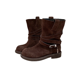 欧洲站磨砂真皮西部牛仔靴女厚底松糕短靴机车靴马丁靴骑士靴女鞋