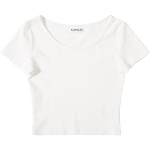然若 白色大圆领短袖T恤女2026新款纯棉夏季辣妹短款修身小上衣