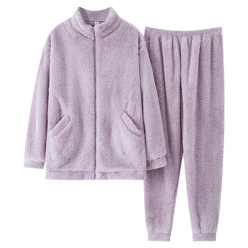 法兰绒睡衣女秋冬季长袖大码加厚加绒保暖珊瑚绒家居服套装可外穿