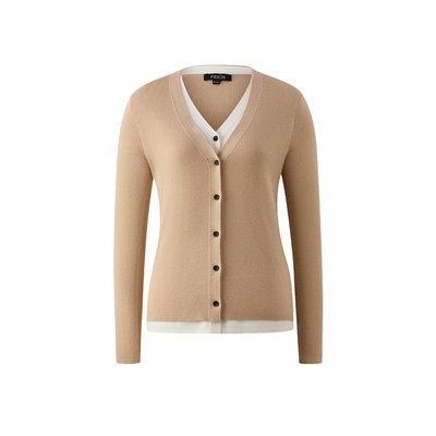 PRICH时尚撞色V领假两件羊毛针织开衫2025冬季新款坑条肌理毛衣女