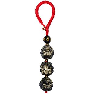 天然黑曜石三合六合生肖挂件手机钥匙扣2026年属马鼠牛吉祥佩戴物