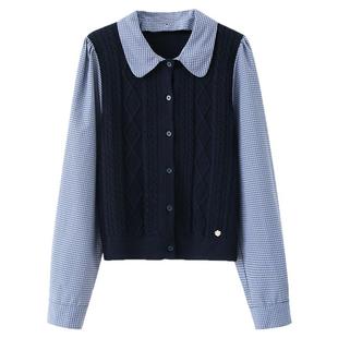 夕蒙2025新款秋季韩系气质上衣高级时尚洋气小众假两件藏蓝针织衫