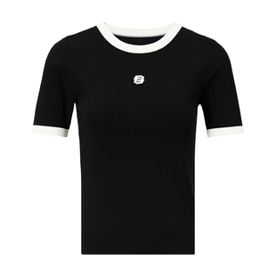 商场同款FF||仿佛夏季款款撞色凉感针织衫女圆领短袖印花上衣