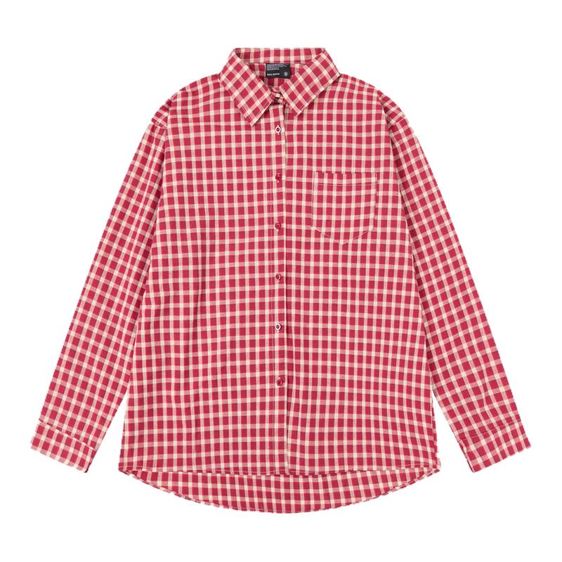 美式复古红色格子衬衫情侣宽松衬衣女长袖开衫防晒衫上衣女t外套
