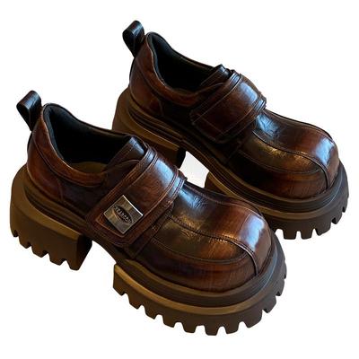 真皮魔术贴厚底松糕小皮鞋