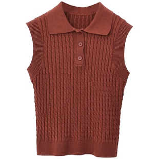 Lavinia老钱风复古绞花针织马甲女春新款POLO领无袖毛衣背心