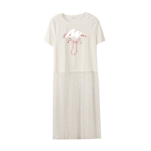 240斤胖莹莹大码女装蝴蝶结印花休闲t恤韩系甜美蕾丝镂空连衣裙