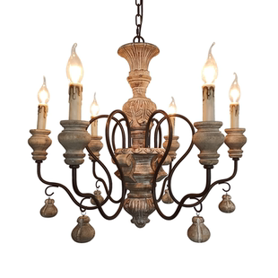 美式复古实木手工雕花做旧蜡烛吊坠款式客厅餐厅卧室书房别墅吊灯