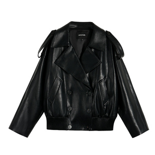 pusumede 【现货7折】机车日记 PU皮衣外套女设计感翻领短款夹克