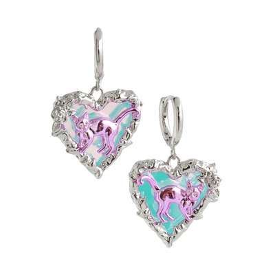 Esakoochi粉紫色赛博猫咪耳环电子风Y2K藤蔓花边爱心耳饰