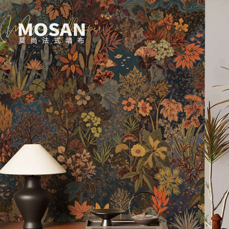法式复古墙纸美式花植物中古风壁纸高级感电视墙背景墙布沙发壁布