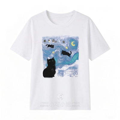 夏季必入星空猫咪印花百搭短袖