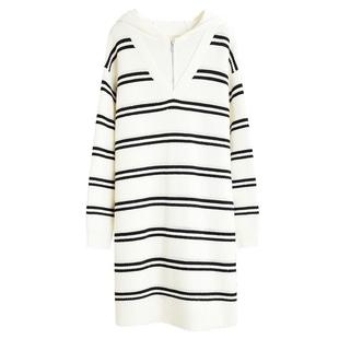 ELLE法式垂坠感条纹连帽针织连衣裙女2025冬装新款宽松长袖裙子