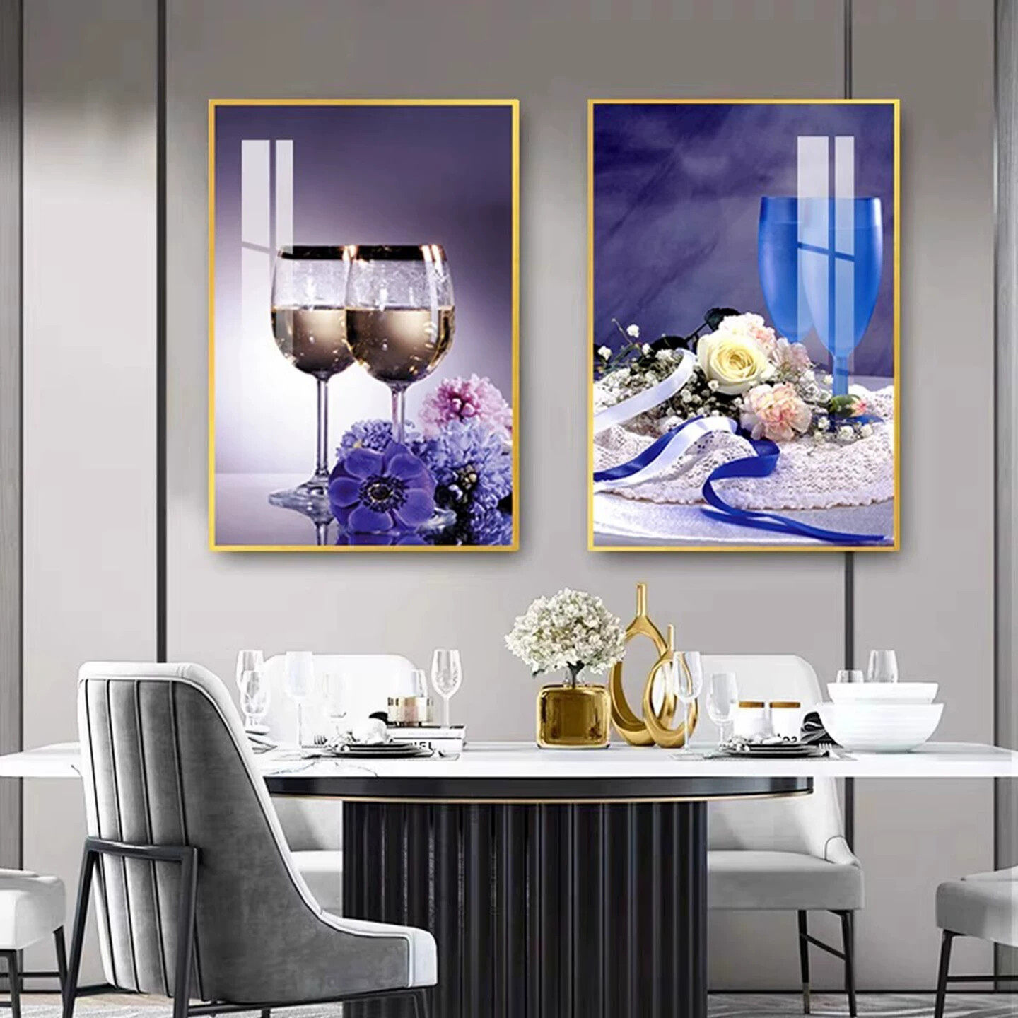 轻奢餐厅装饰画高端简约饭厅饭桌墙面壁画酒杯双联餐桌背景墙挂画