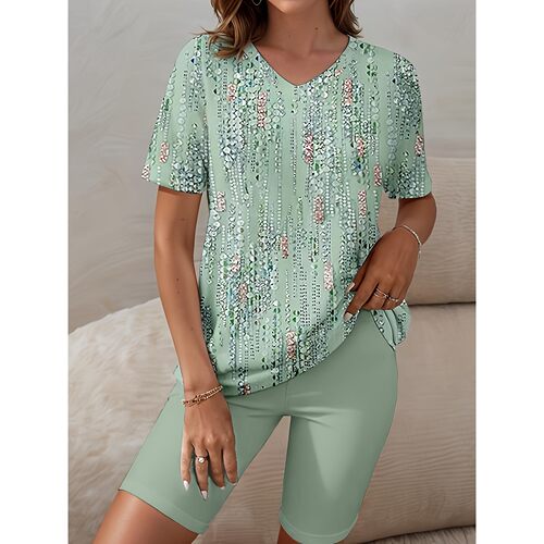 Q 51789 Floral Print V-Neck Set 印花短袖套装 欧美跨境