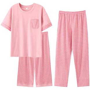 2025年睡衣女夏季纯棉三件套装短袖七分裤可爱长裤夏天薄款家居服