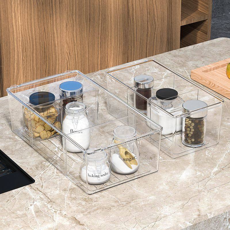 溢溢购厨房调味料透明整理盒格收纳盒梳妆台桌面化妆品大容量三分