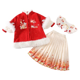 明制汉服女童拜年服冬装过年服红色喜庆国风套装裙小女孩采蘑菇