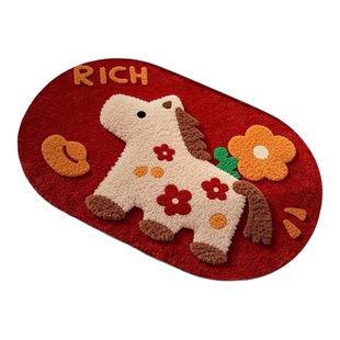 新款仿亚麻浴室地垫吸水速干家用卫生间防滑脚垫红色小马地毯椭圆