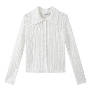 LILY2025新款法式镂空绣花翻领修身气质通勤白色针织开衫女短款